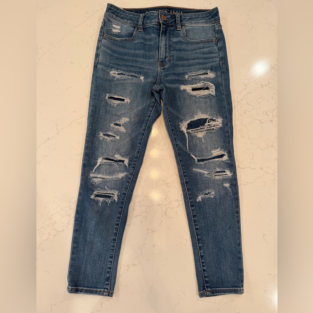 American Eagle Outfitters Ripped Blue Cropped Jeggings 6 short